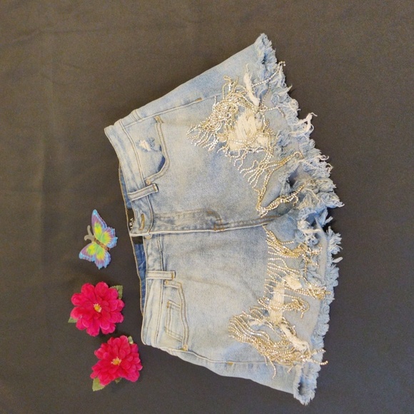 AKIRA Denim shorts Rhinestone fringed. - Picture 1 of 11